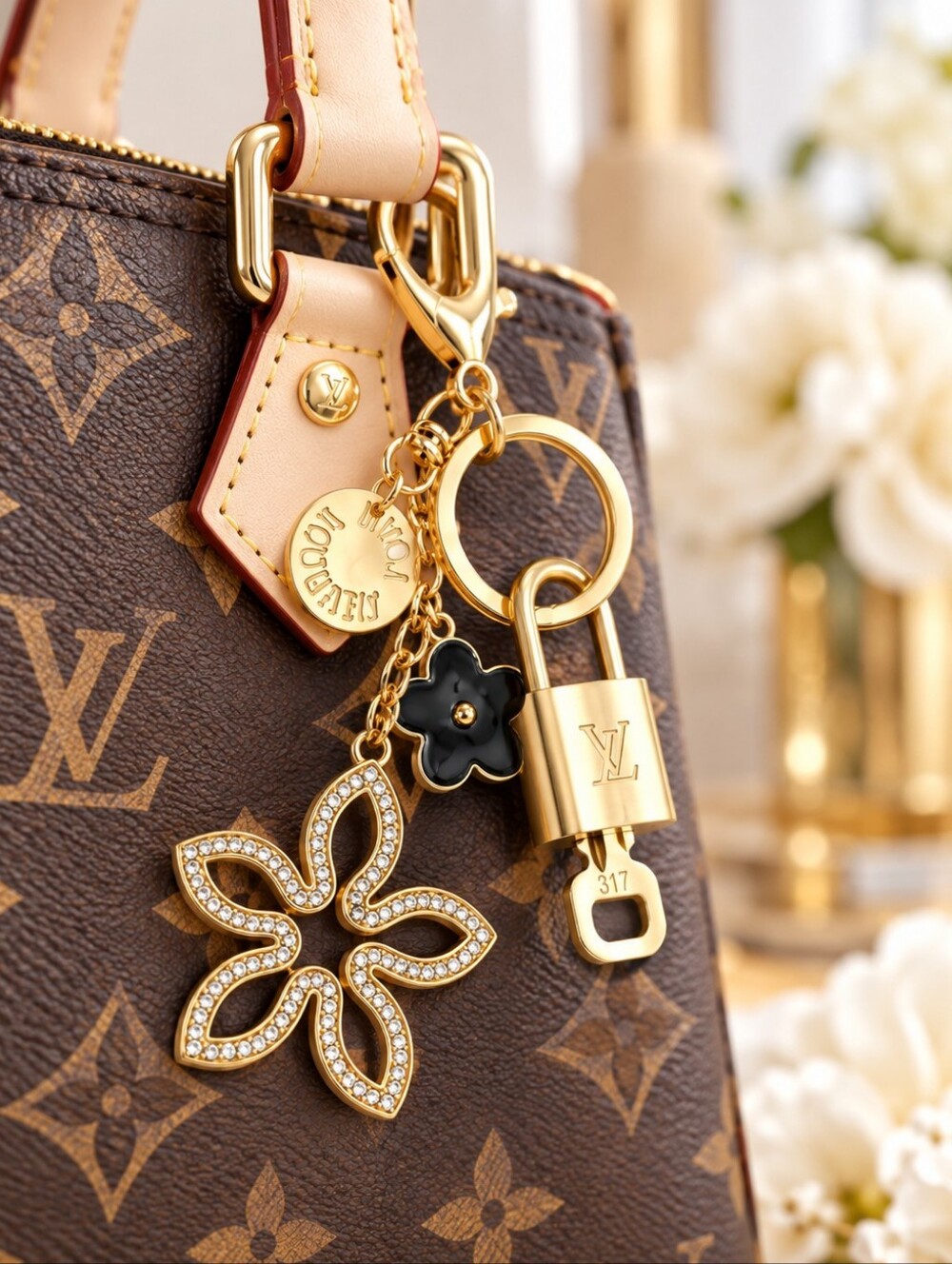 Louis Vuitton Authentic Gold Padlock 🔑 Key + Stylish Unbranded Flower Bag Charm
